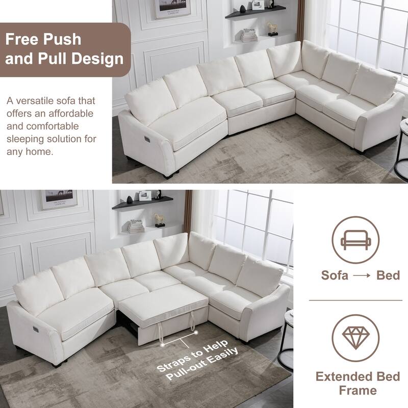 129.5" Chenille Sectional Sleeper Sofa with USB Charging Ports and Pull